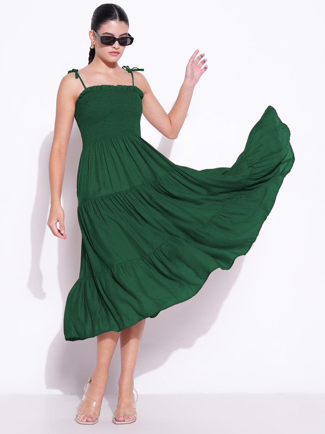 Women's Green Solid Fit and Flare Dress
