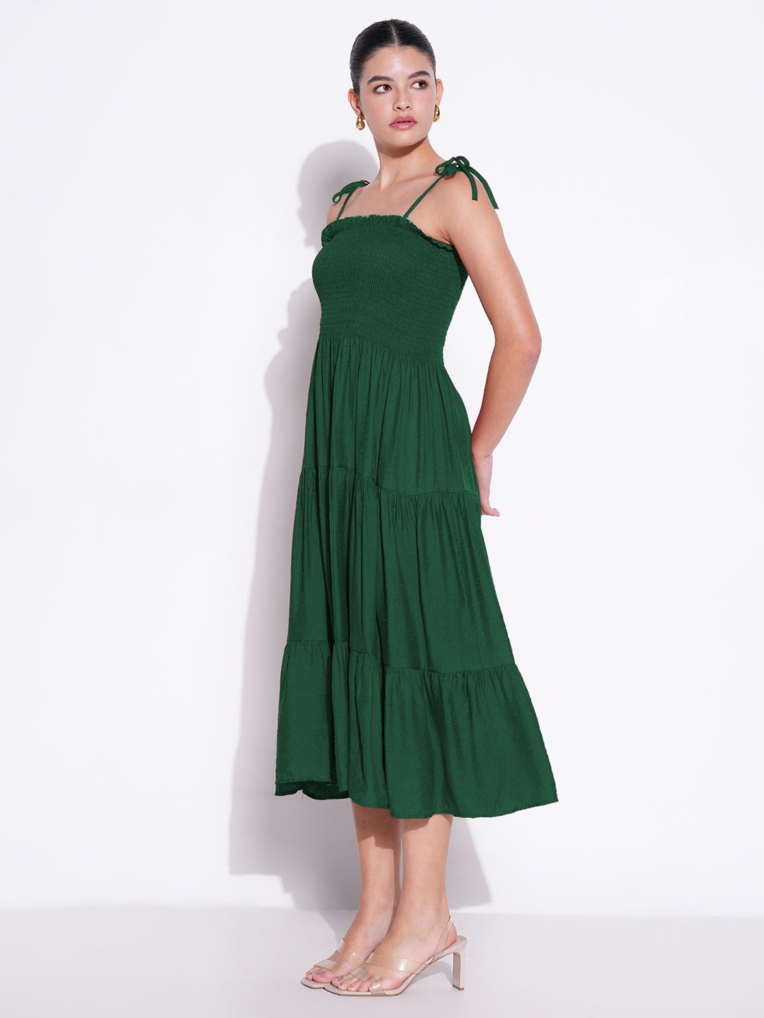 Women's Green Solid Fit and Flare Dress