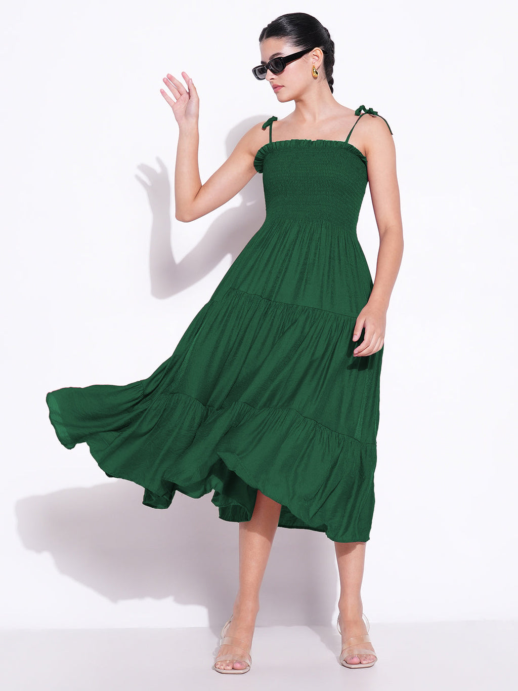 Women's Green Solid Fit and Flare Dress