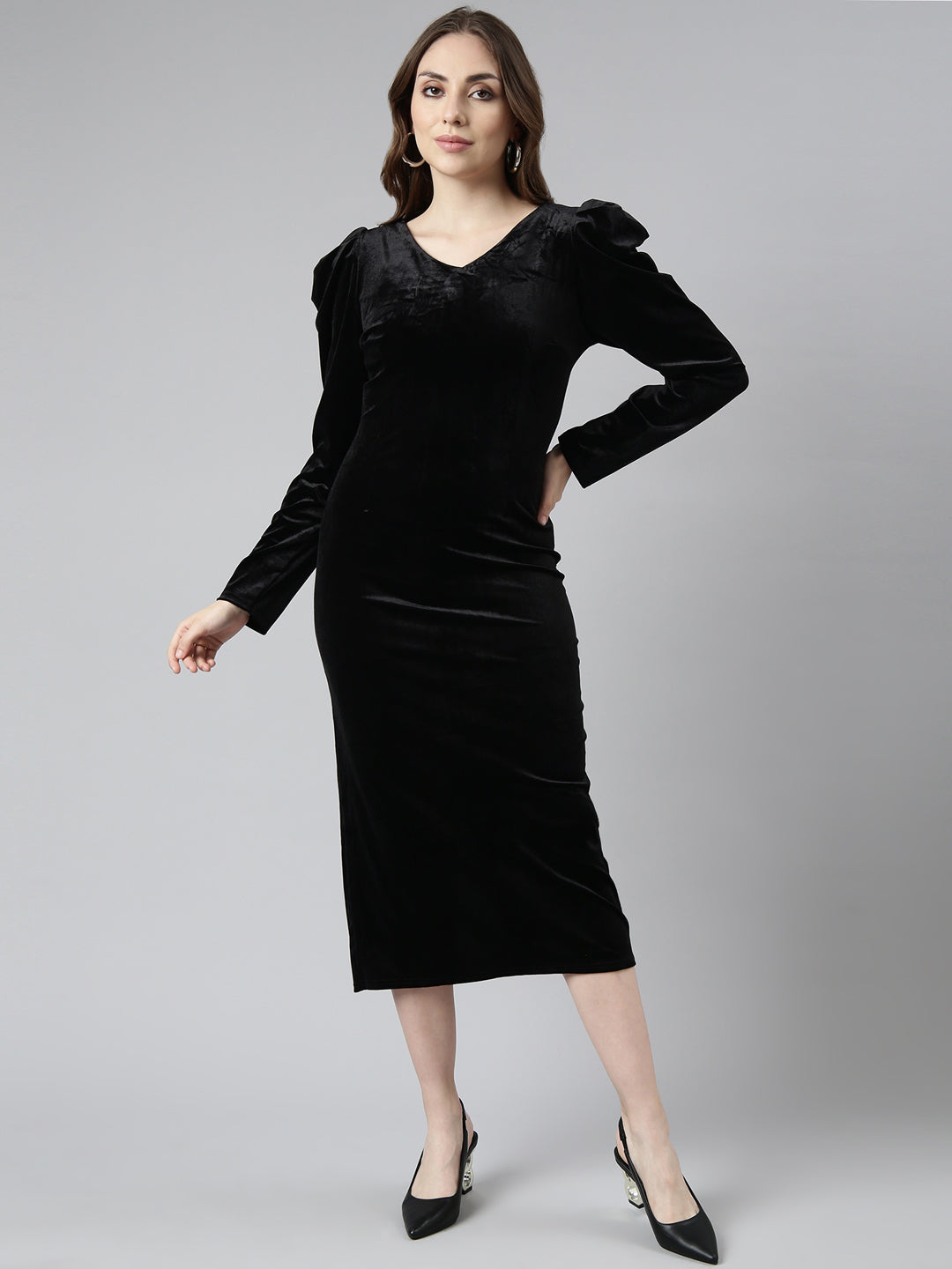 Women's Black V-Neck Long Sleeves Bodycon Midi Dress