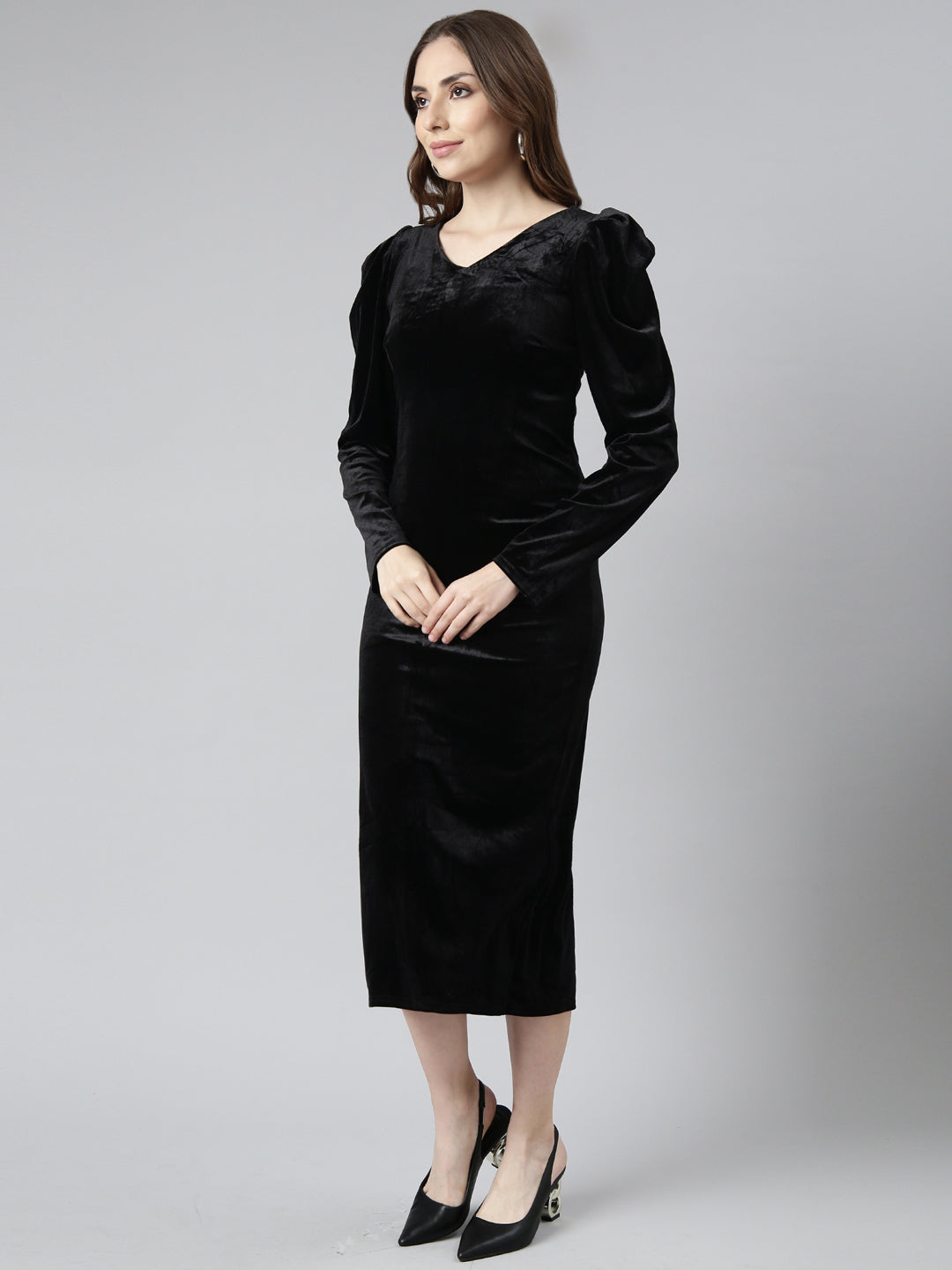 Women's Black V-Neck Long Sleeves Bodycon Midi Dress