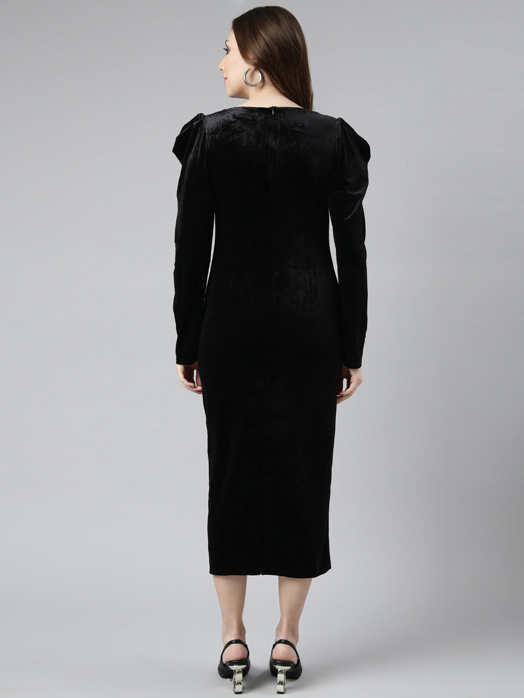 Women's Black V-Neck Long Sleeves Bodycon Midi Dress