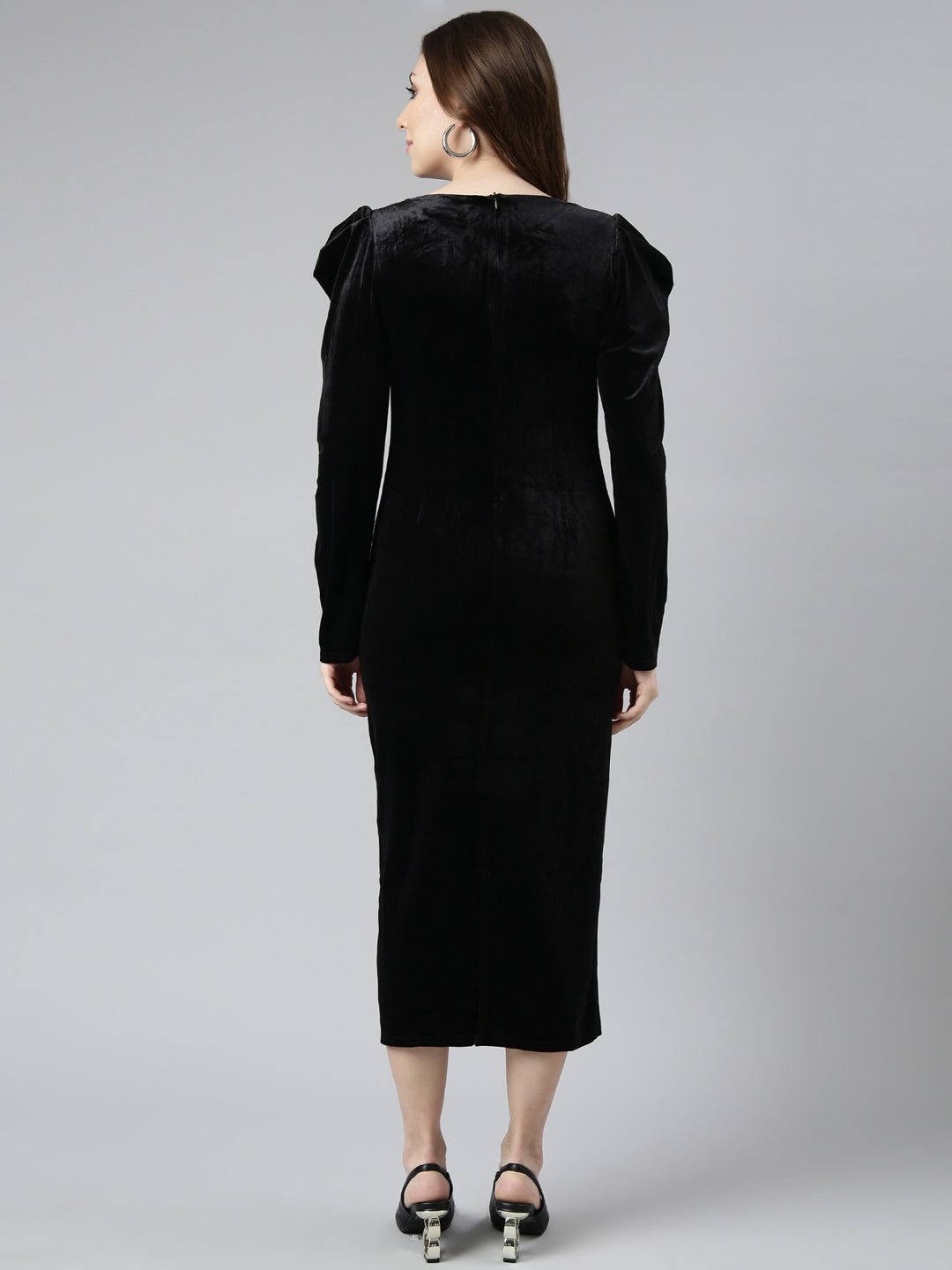 Women's Black V-Neck Long Sleeves Bodycon Midi Dress