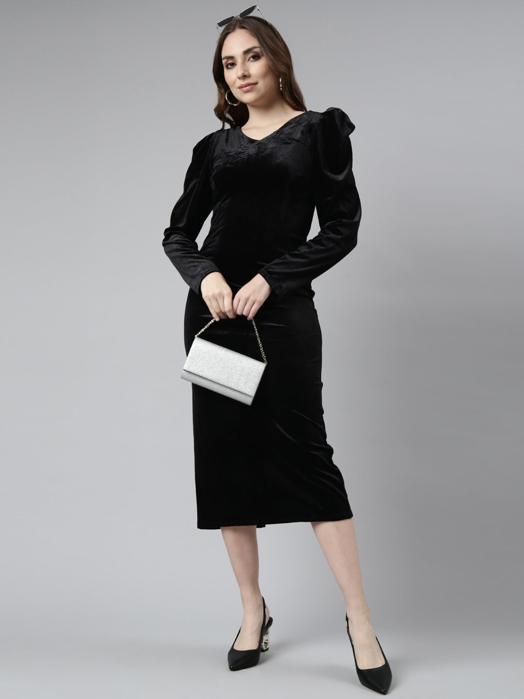 Women's Black V-Neck Long Sleeves Bodycon Midi Dress