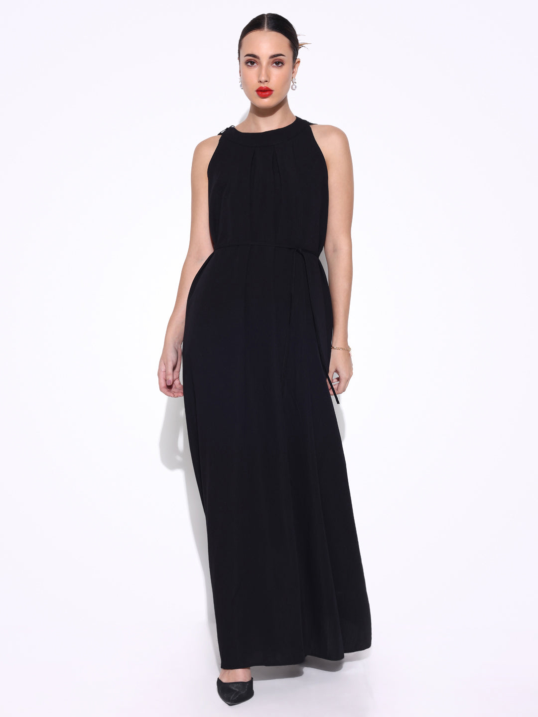 Women's Black Maxi Dress with Waist Tie