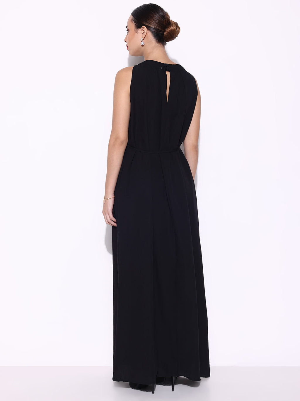 Women's Black Maxi Dress with Waist Tie