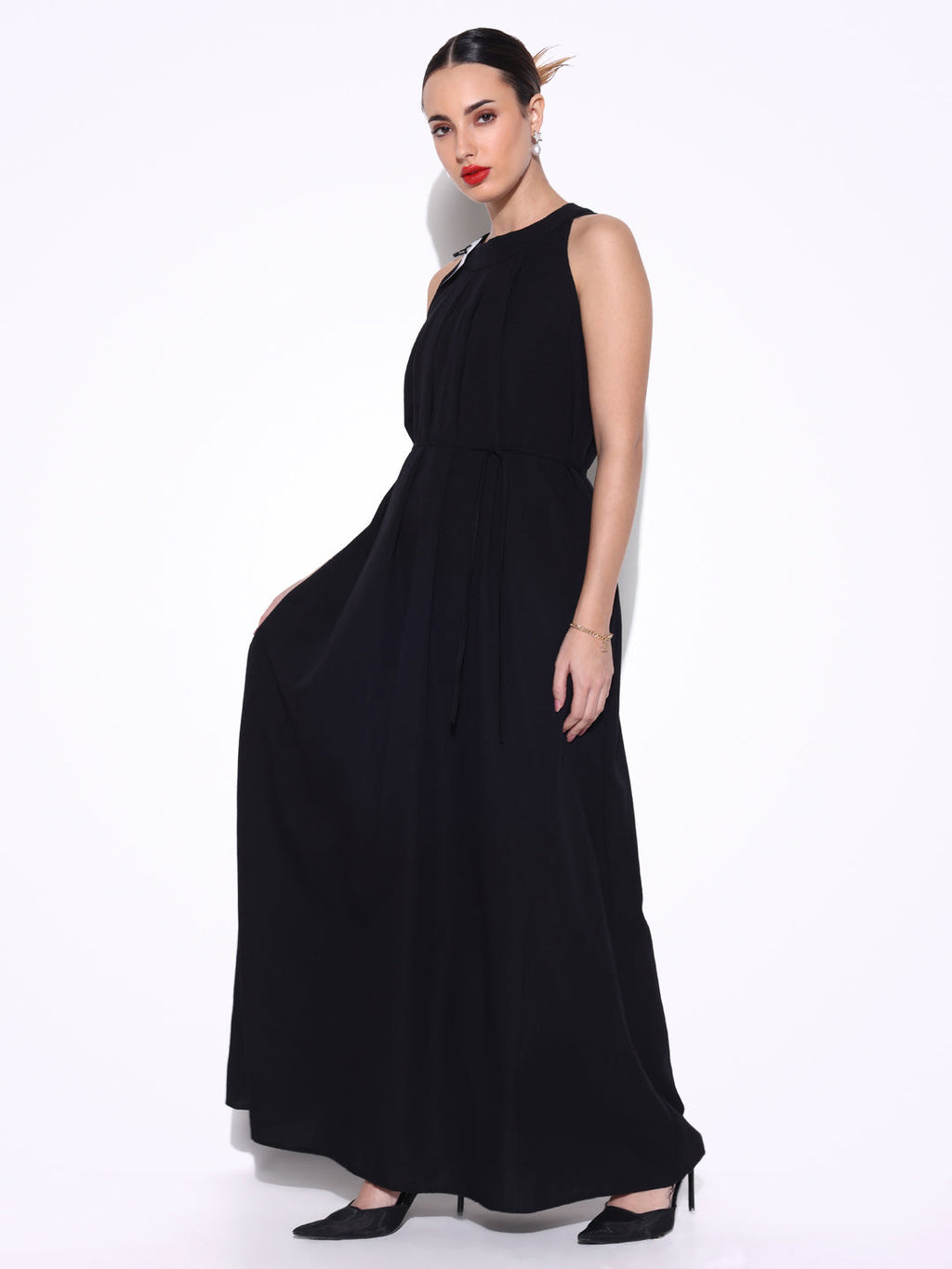 Women's Black Maxi Dress with Waist Tie