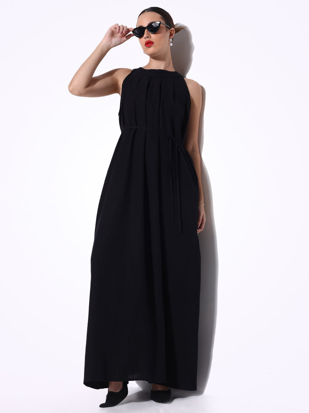 Women's Black Maxi Dress with Waist Tie