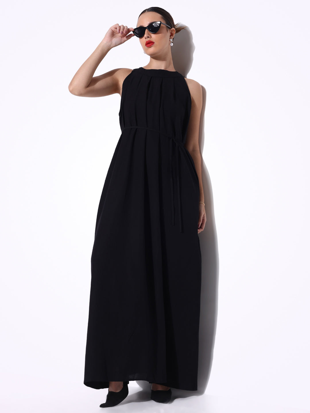 Women's Black Maxi Dress with Waist Tie