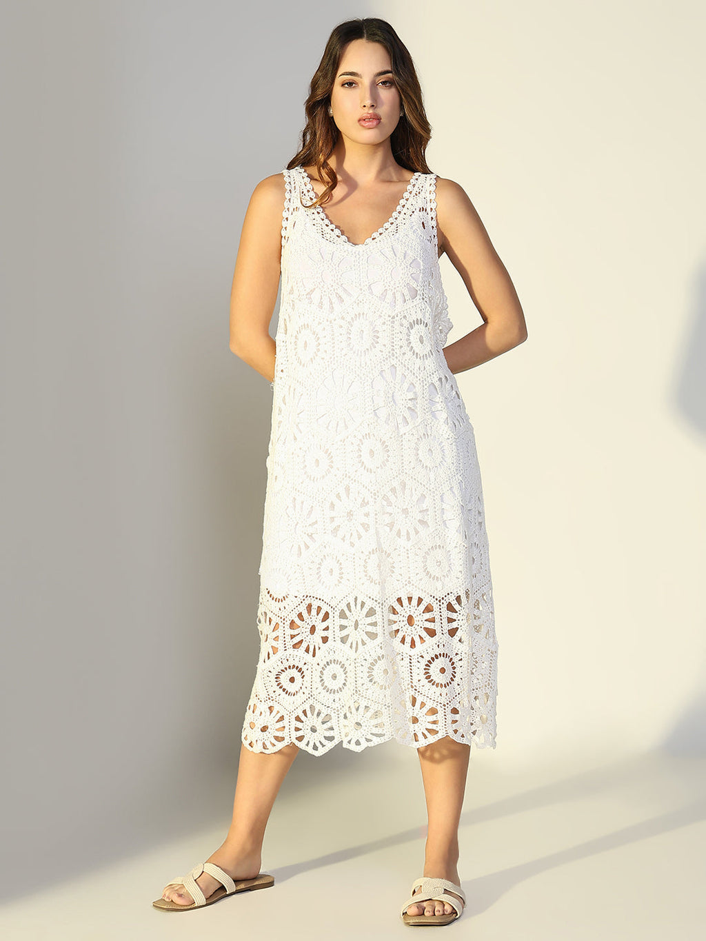 Women's Solid White A Line Crochet Dress