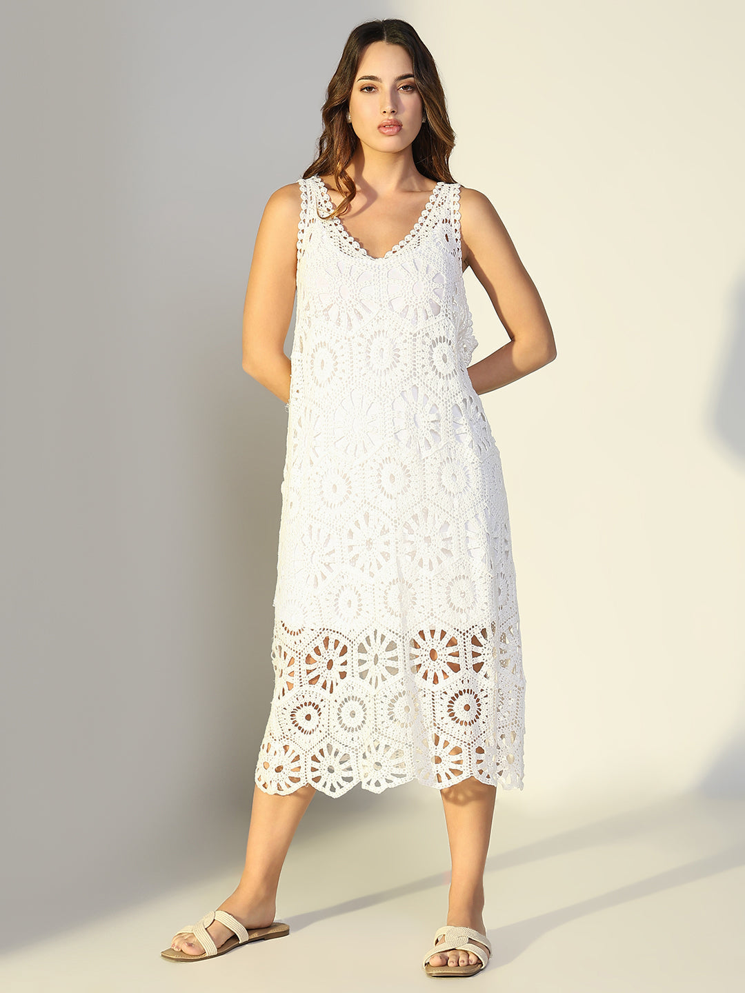 Women's Solid White A Line Crochet Dress