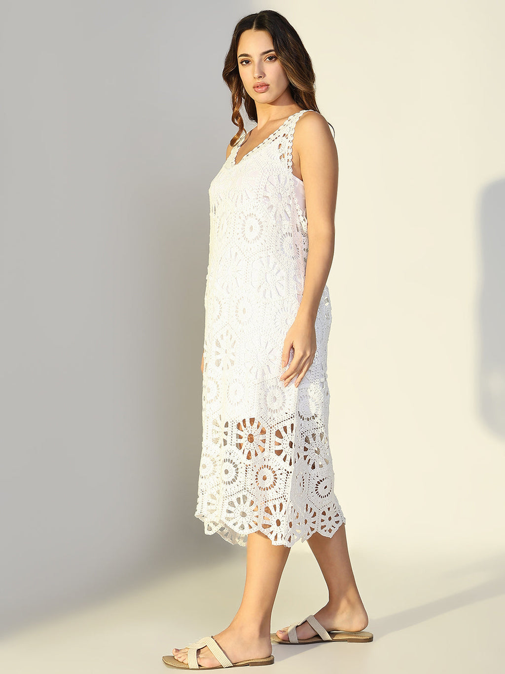 Women's Solid White A Line Crochet Dress
