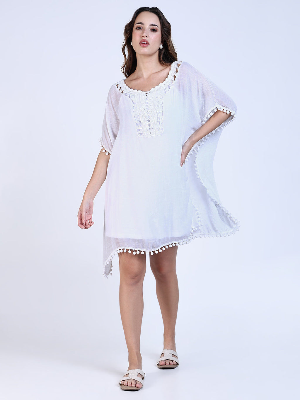 Women's White Cotton Kaftan Dress with Pom-Pom Detail