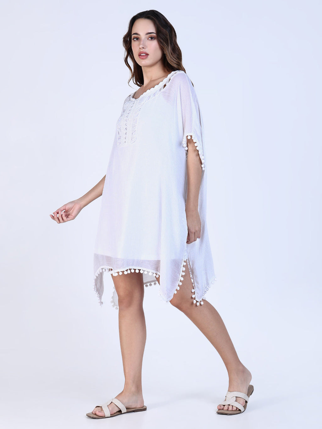 Women's White Cotton Kaftan Dress with Pom-Pom Detail
