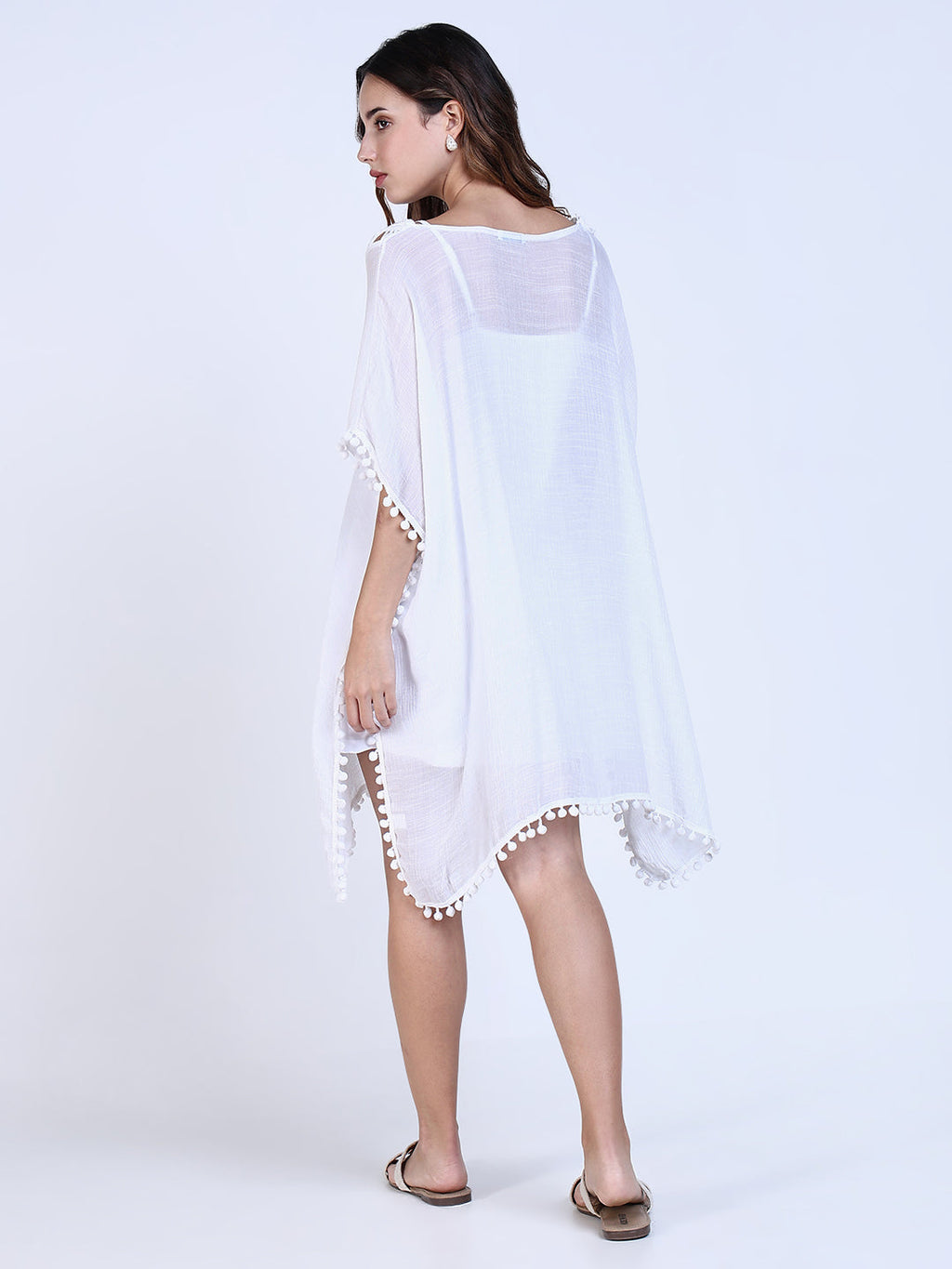Women's White Cotton Kaftan Dress with Pom-Pom Detail