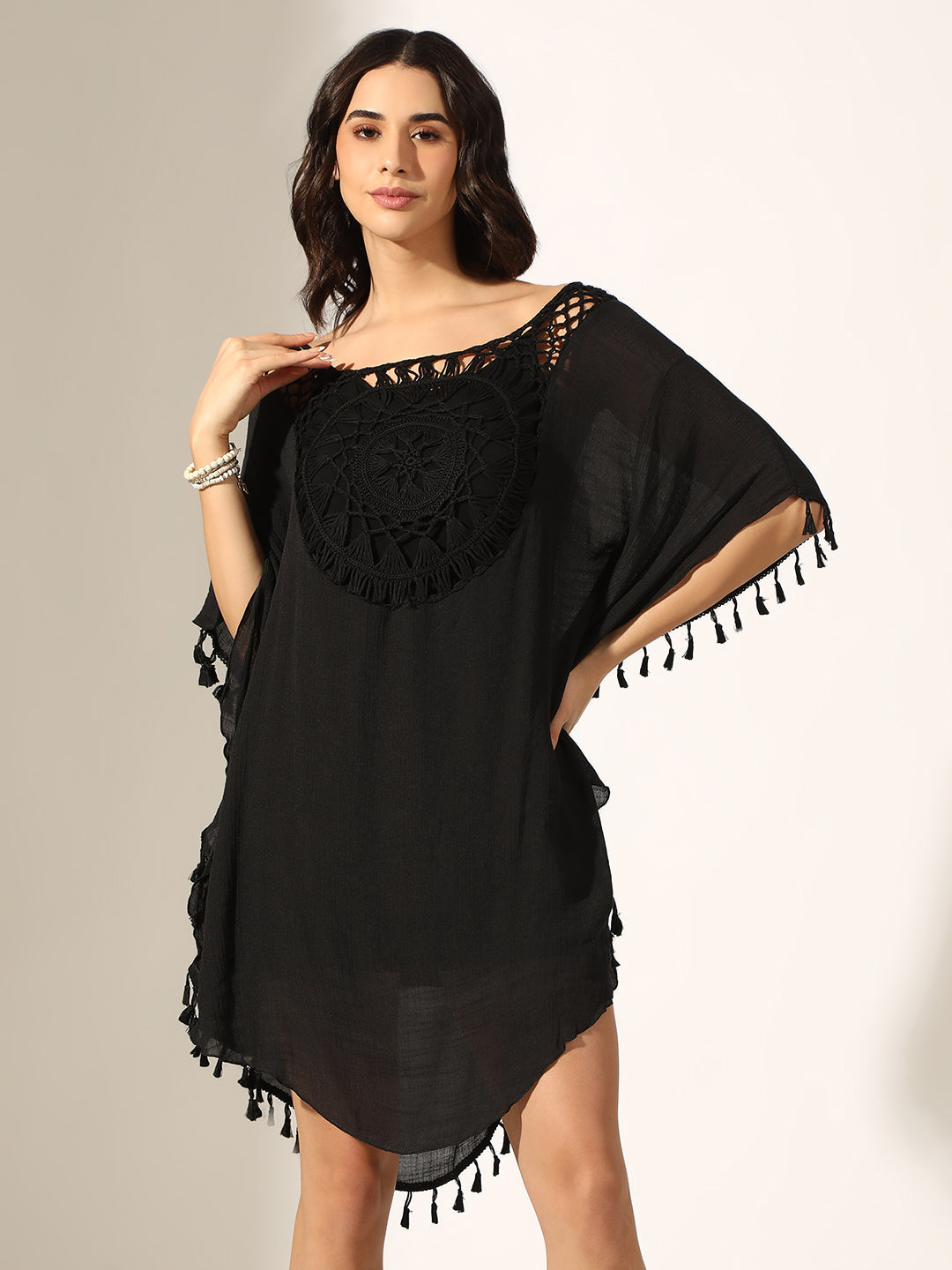 Women's Black Crochet Kaftan Dress with Tassel Trims