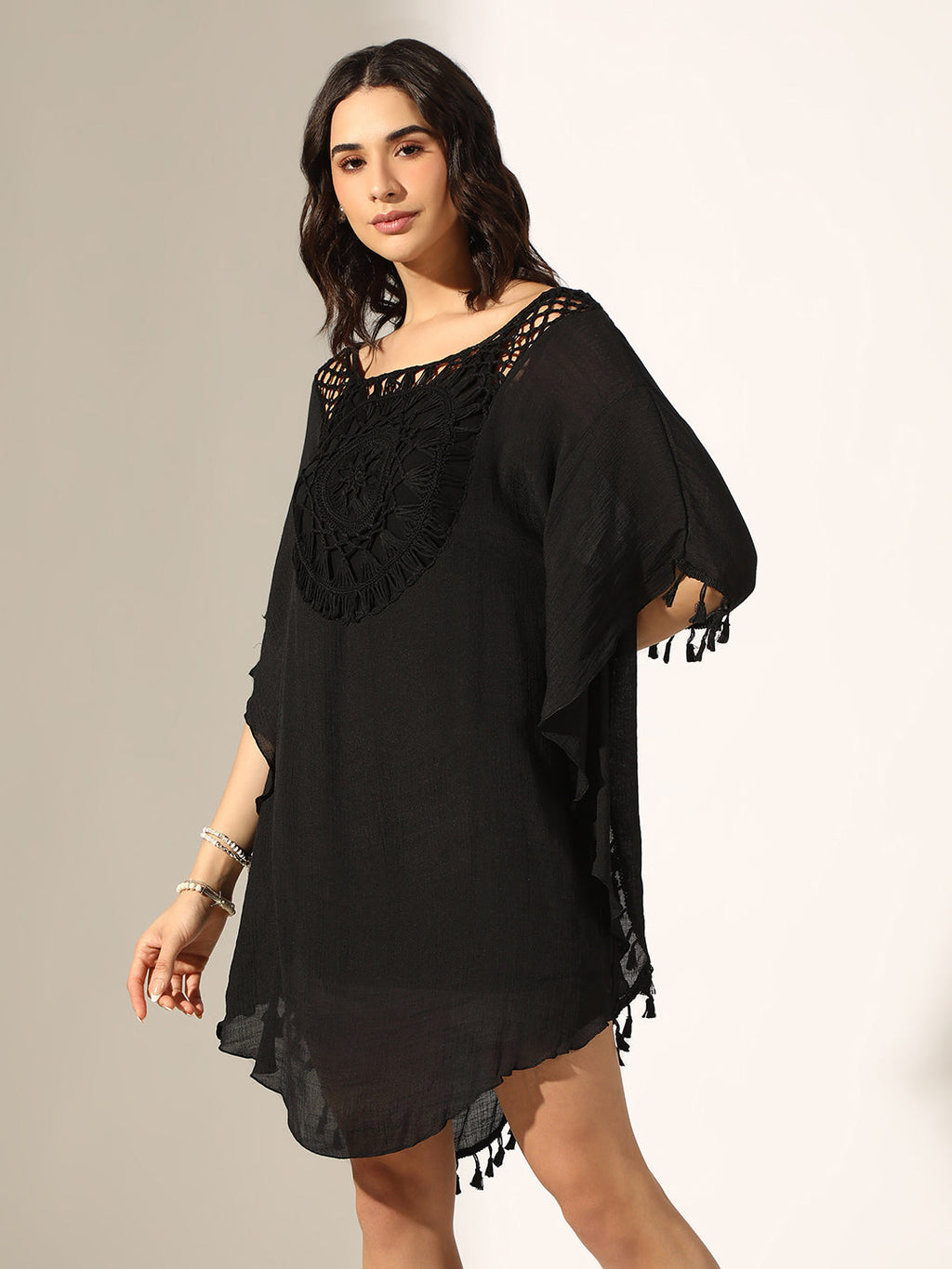 Women's Black Crochet Kaftan Dress with Tassel Trims