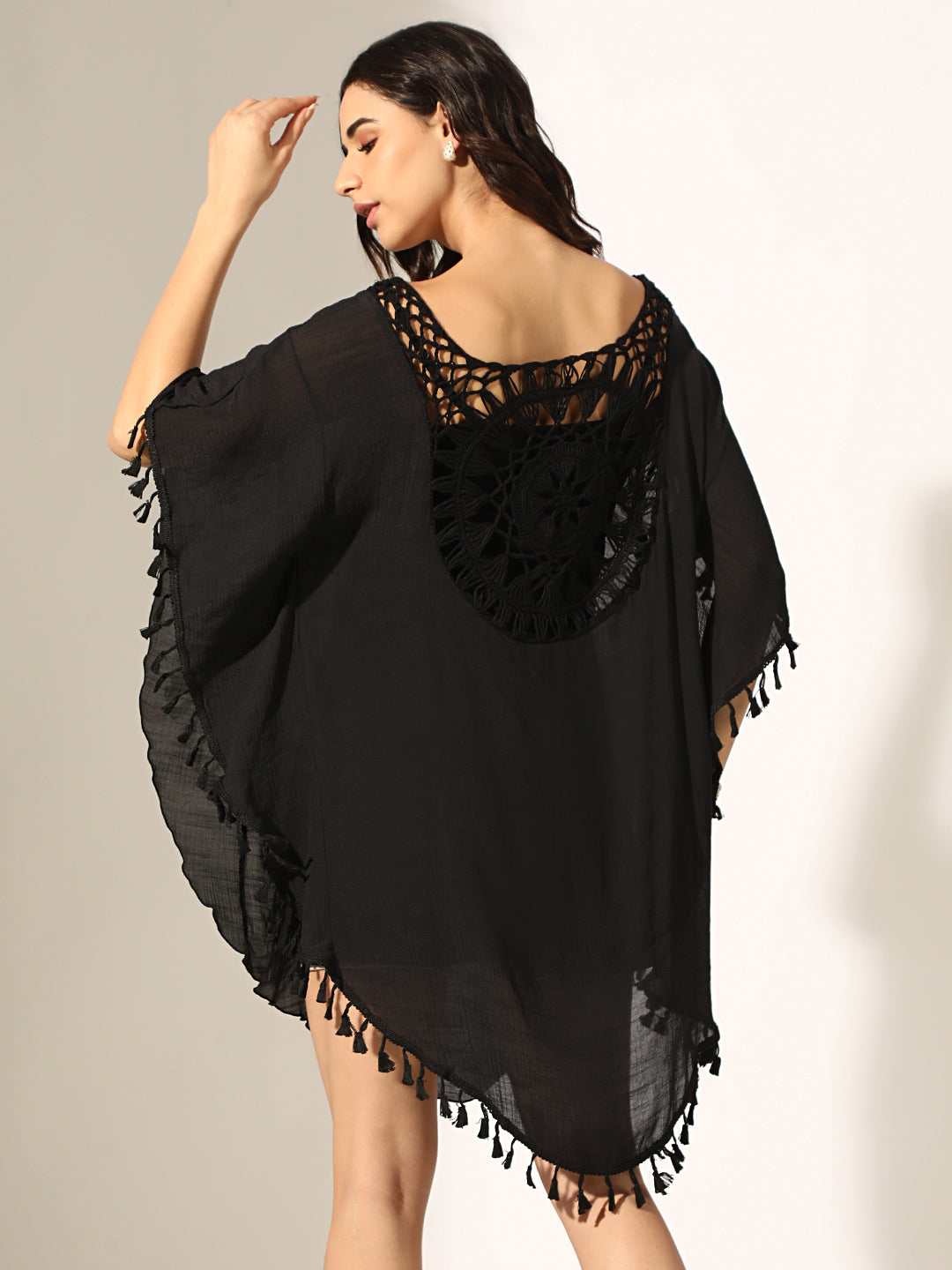 Women's Black Crochet Kaftan Dress with Tassel Trims