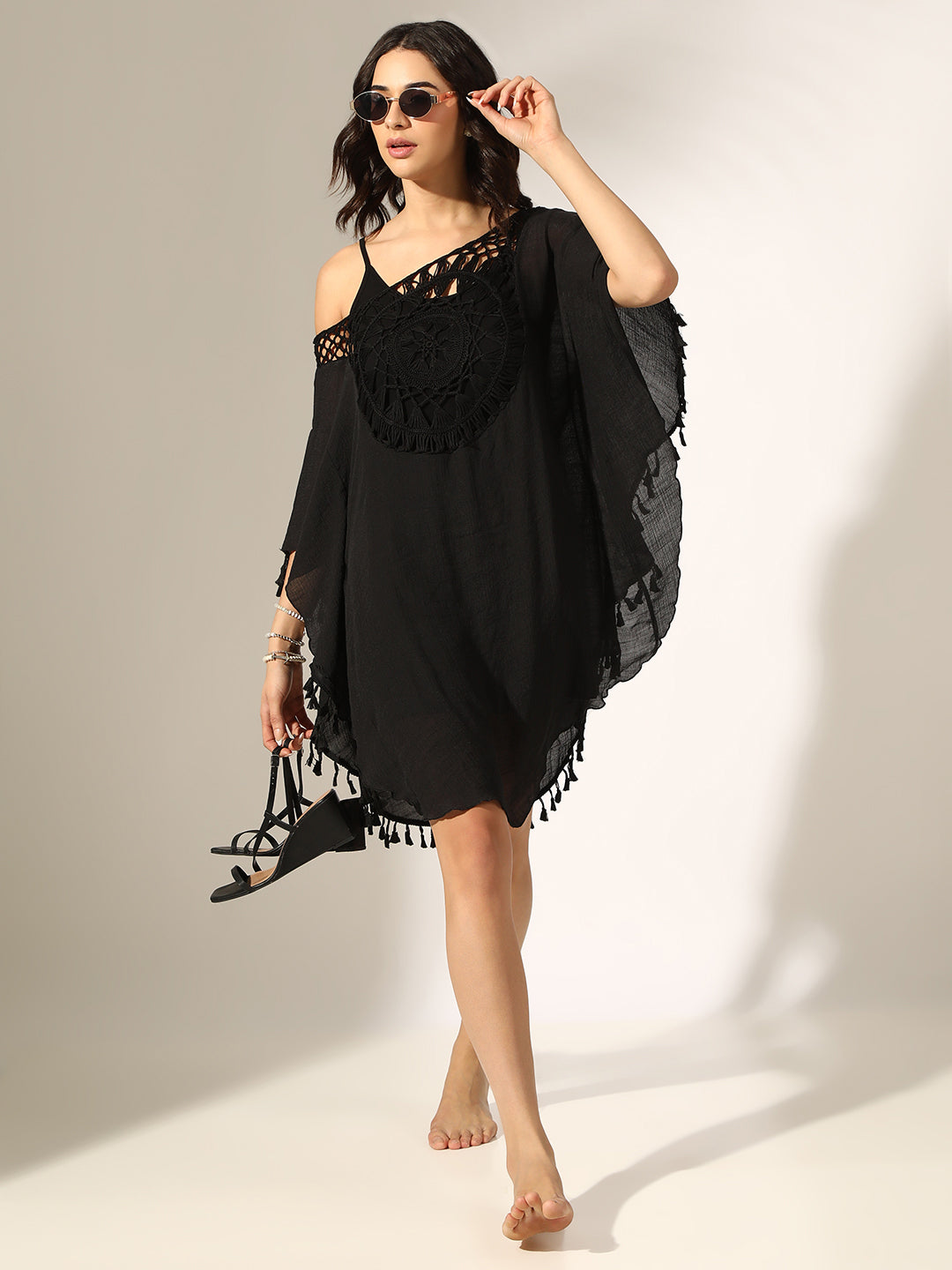 Women's Black Crochet Kaftan Dress with Tassel Trims