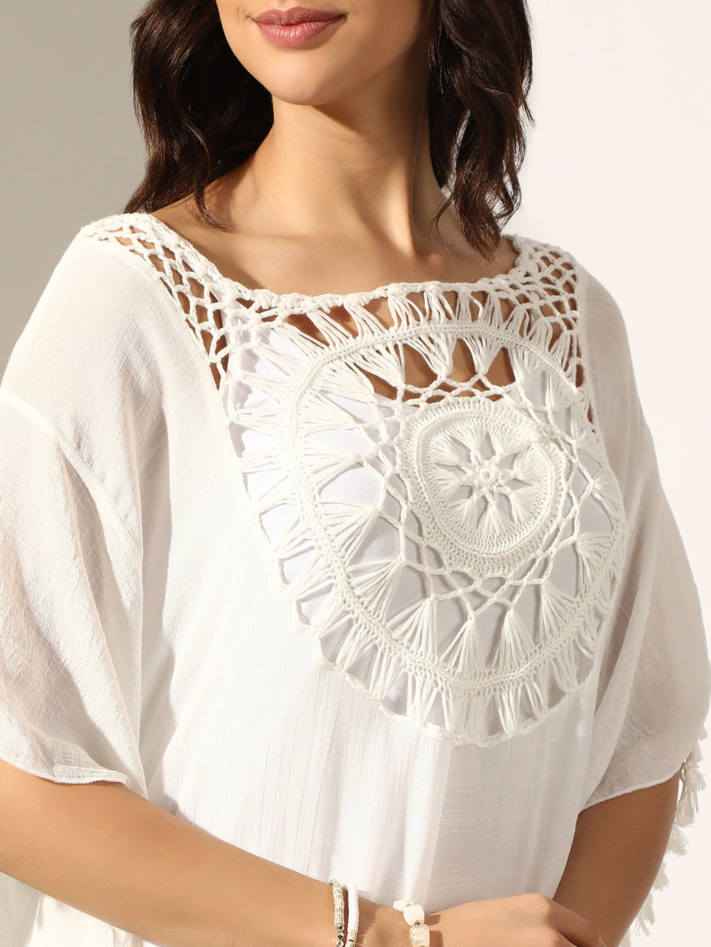 Women's White Crochet Kaftan Dress with Tassel Trims