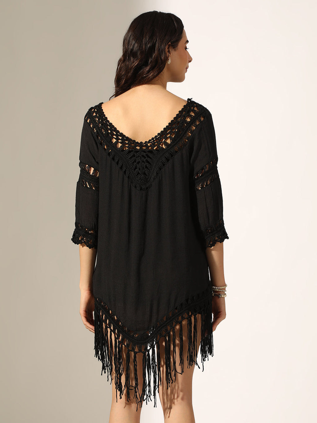 Women's Black Crochet Mini Dress with Fringe Hem