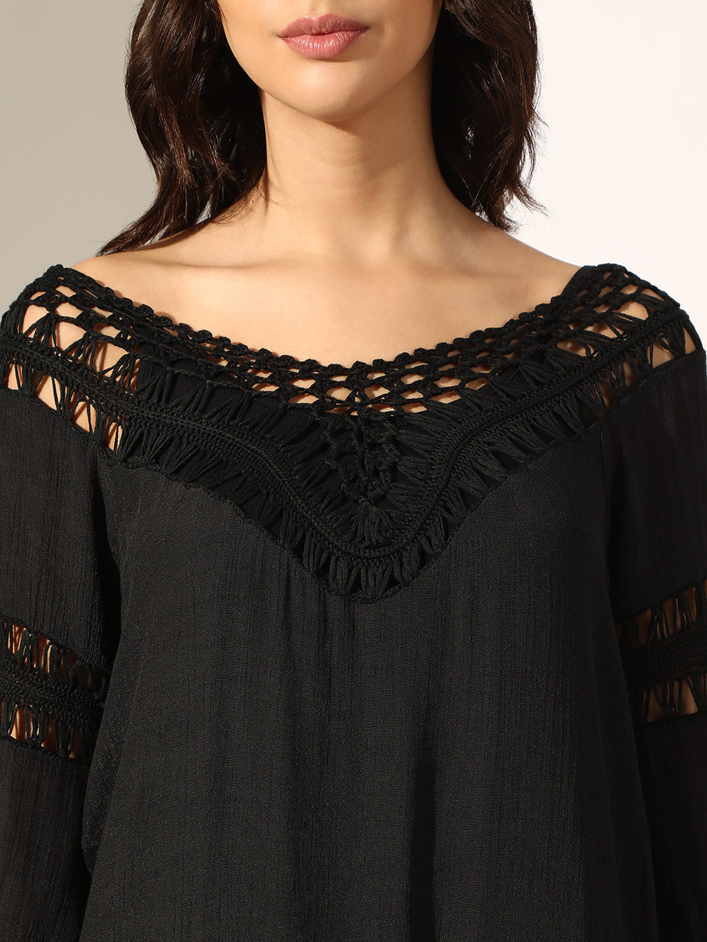 Women's Black Crochet Mini Dress with Fringe Hem