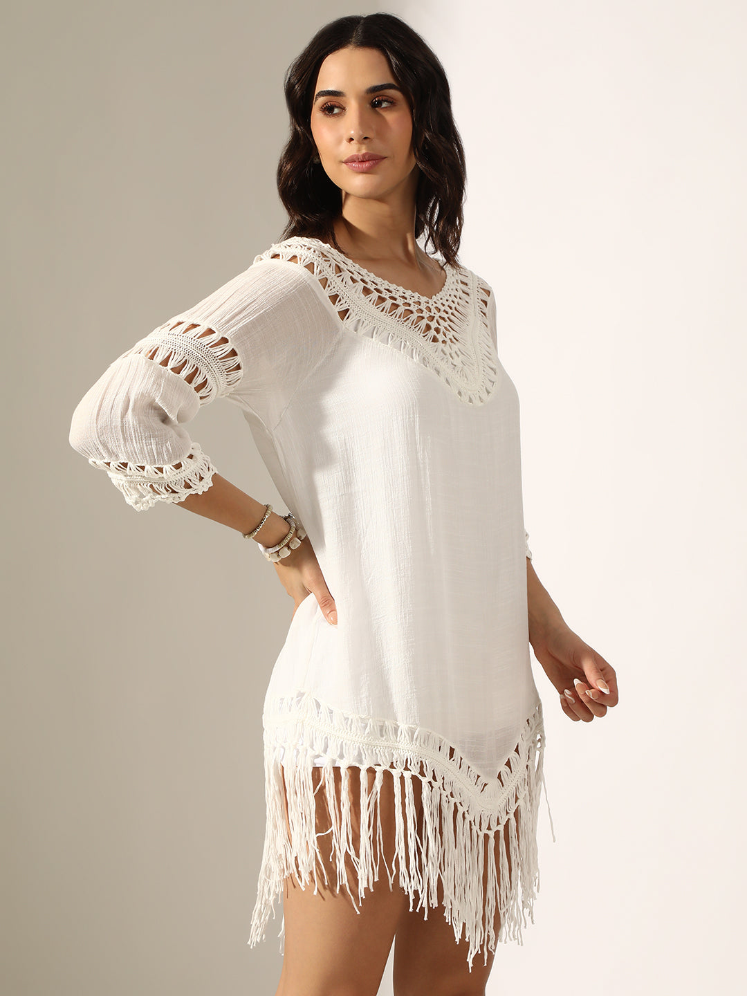 Women's White Crochet Mini Dress with Fringe Hem