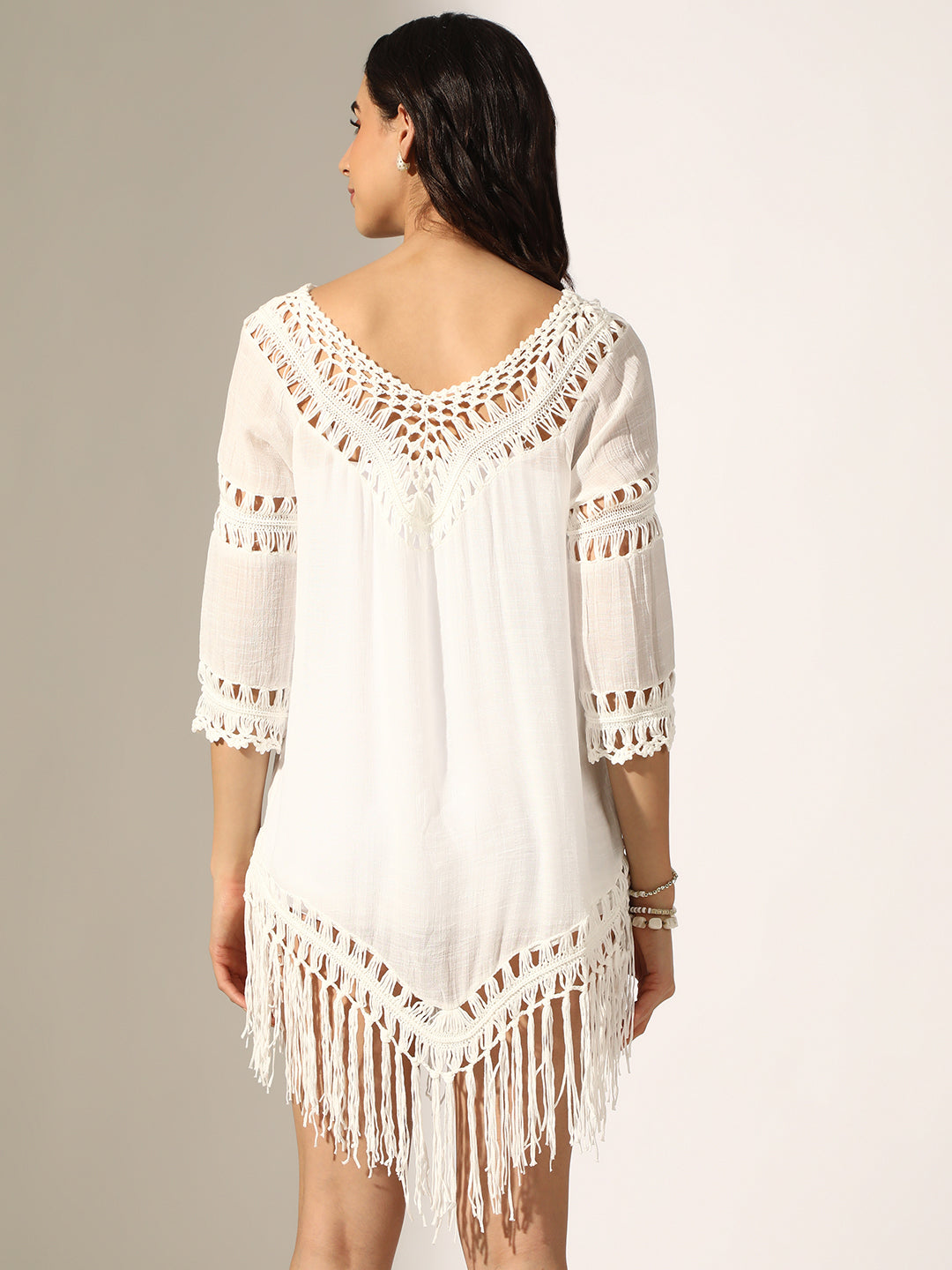 Women's White Crochet Mini Dress with Fringe Hem
