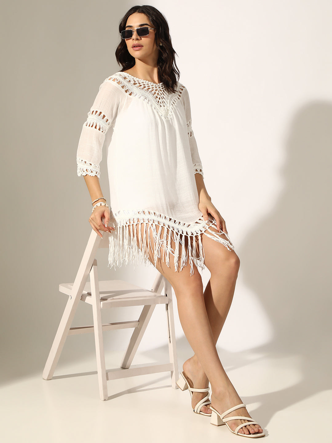 Women's White Crochet Mini Dress with Fringe Hem