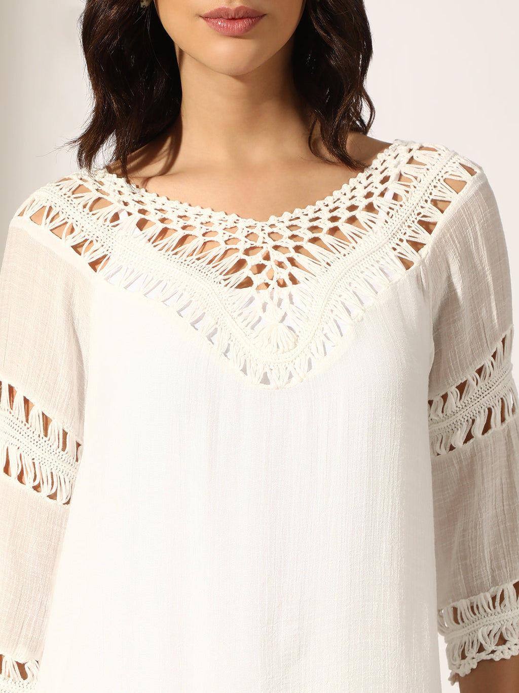 Women's White Crochet Mini Dress with Fringe Hem
