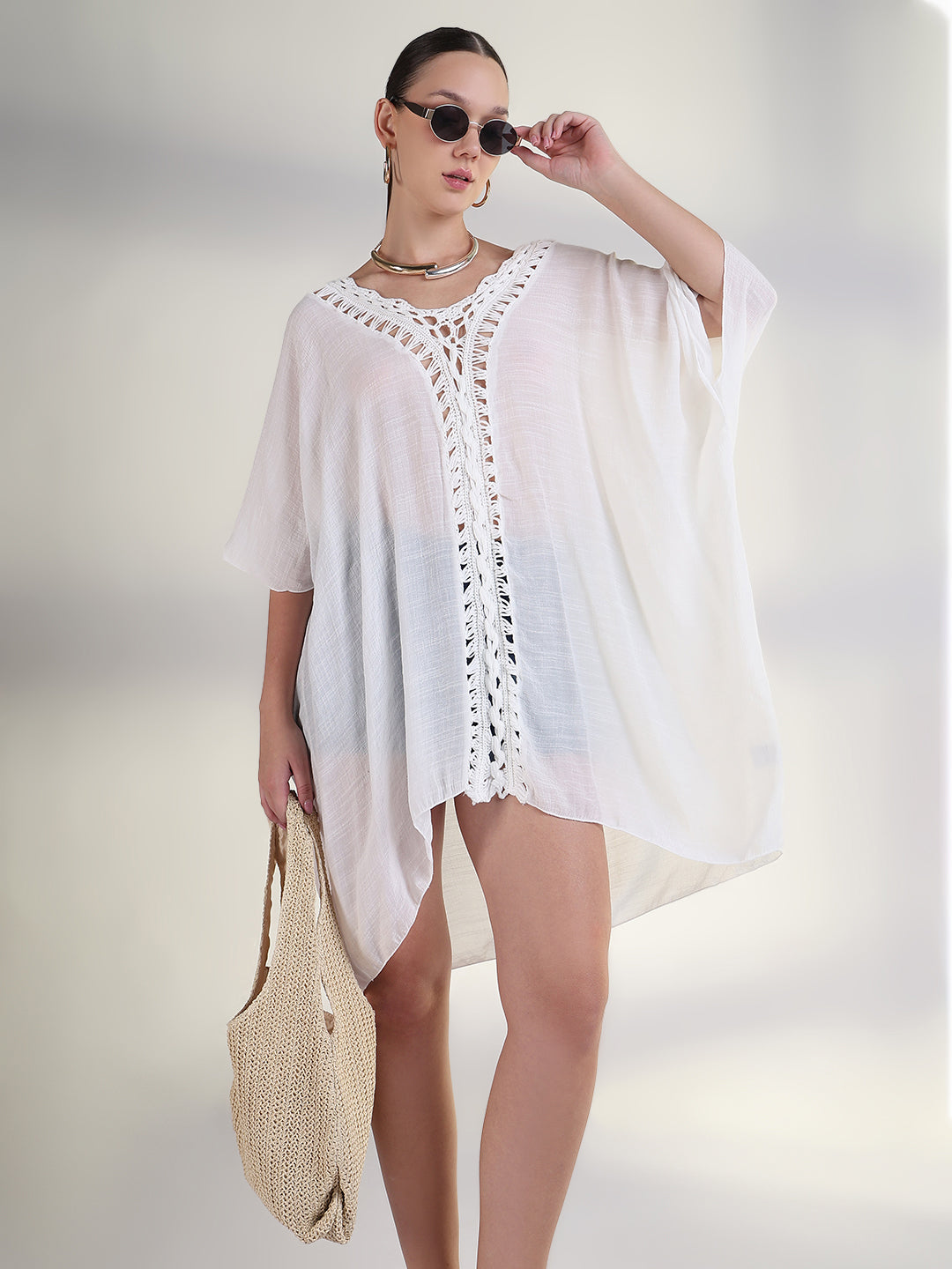 Women's Solid White Kaftan Above Knee Dress