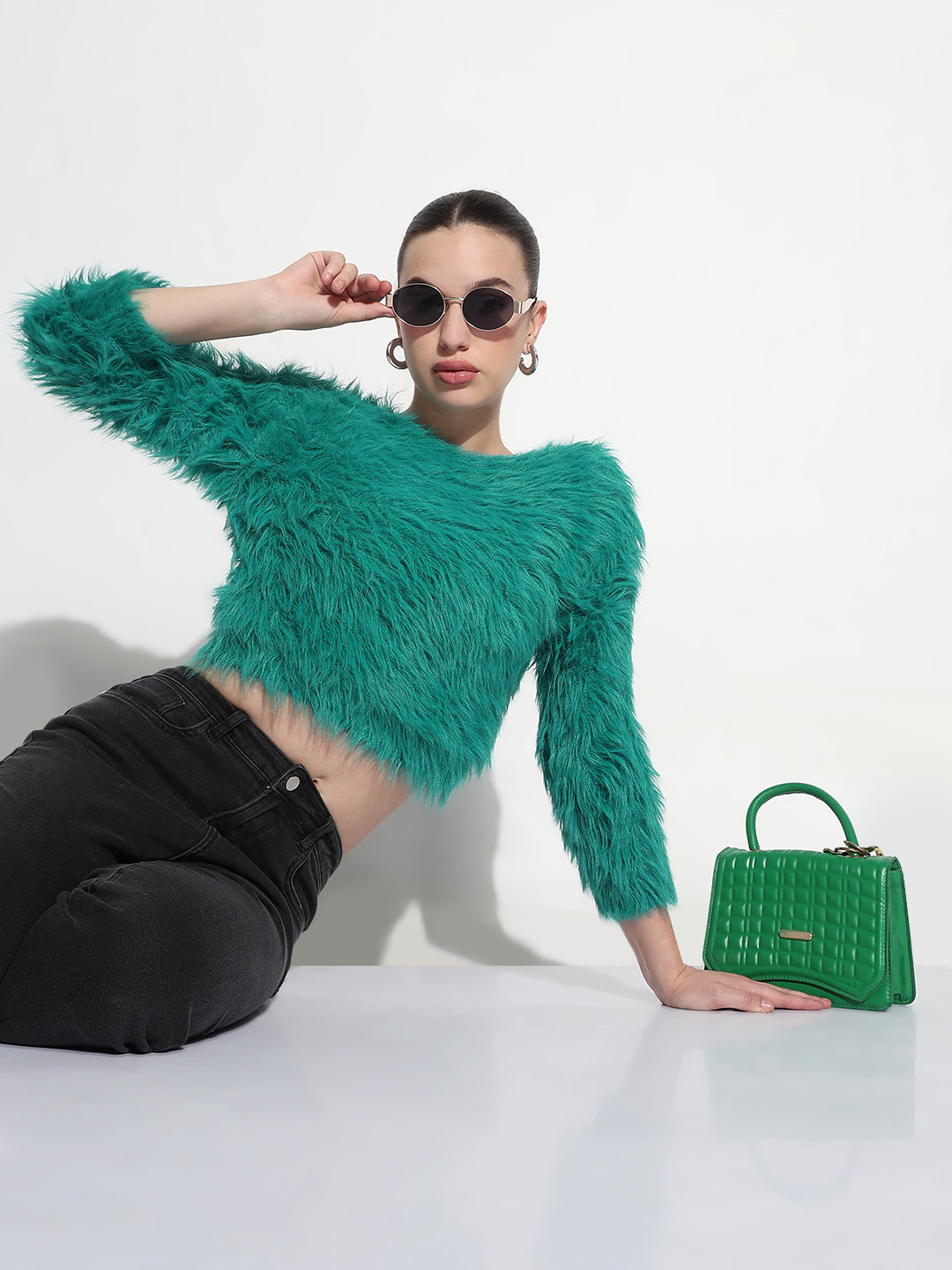 Women's Textured Green Fuzzy Crop Knit Top