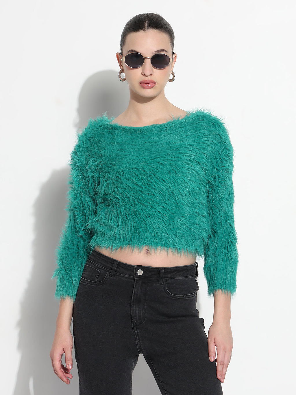 Women's Textured Green Fuzzy Crop Knit Top