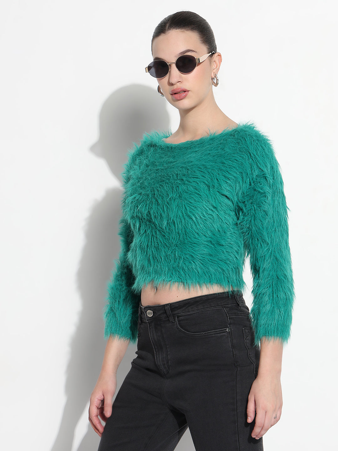 Women's Textured Green Fuzzy Crop Knit Top