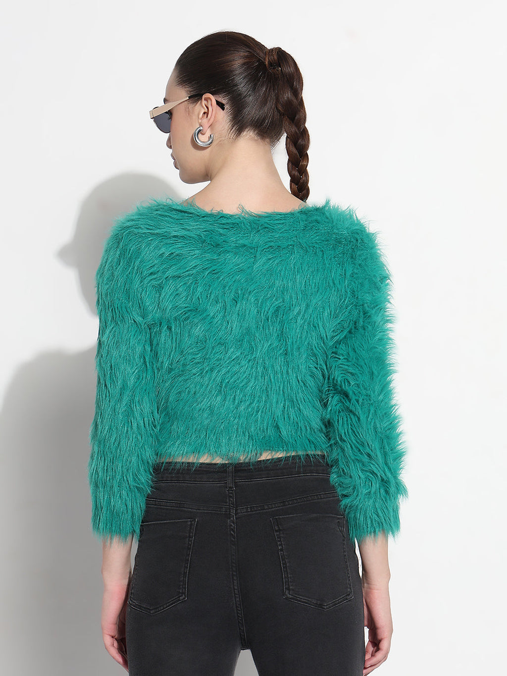 Women's Textured Green Fuzzy Crop Knit Top