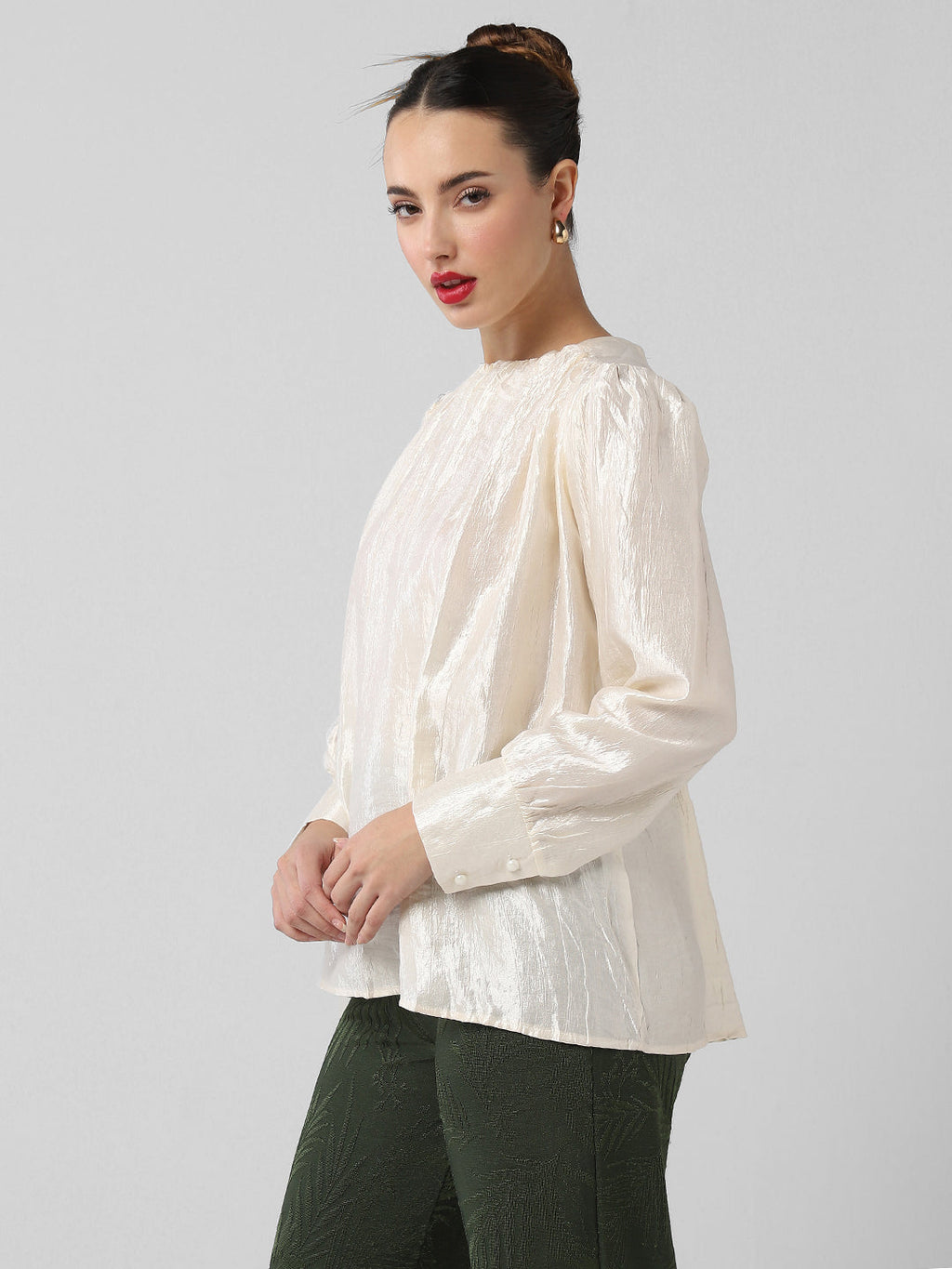 Women's Cream Cuffed Sleeve Top