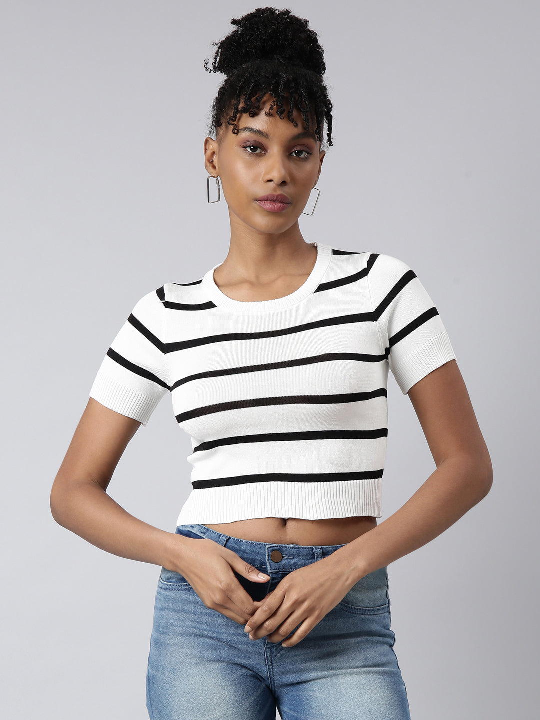 Women's White Striped Round Neck Fitted Crop Top