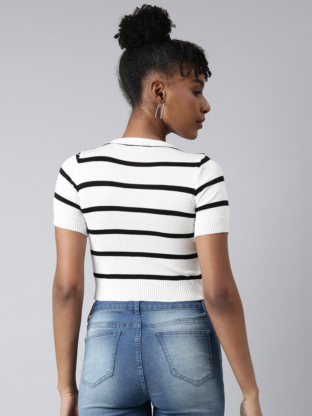 Women's White Striped Round Neck Fitted Crop Top