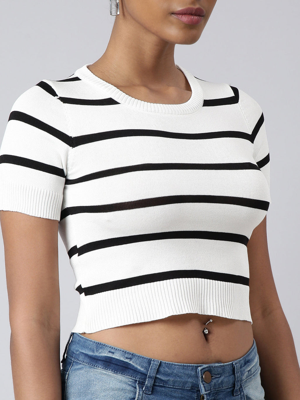 Women's White Striped Round Neck Fitted Crop Top