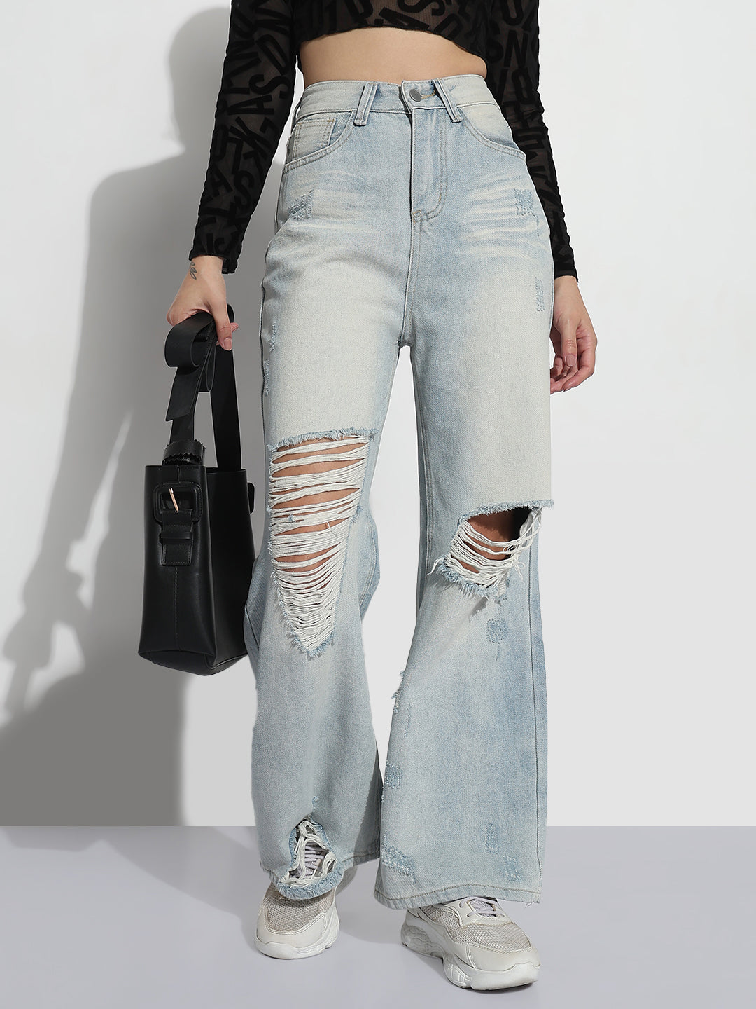 Women's Blue Distressed High Rise Wide Leg Jeans