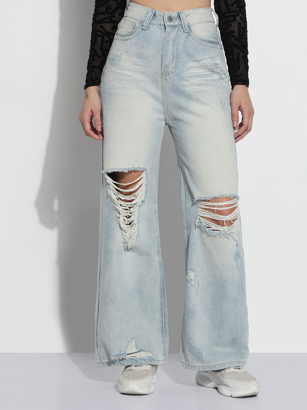 Women's Blue Distressed High Rise Wide Leg Jeans