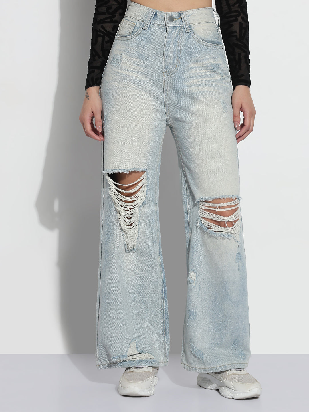 Women's Blue Distressed High Rise Wide Leg Jeans