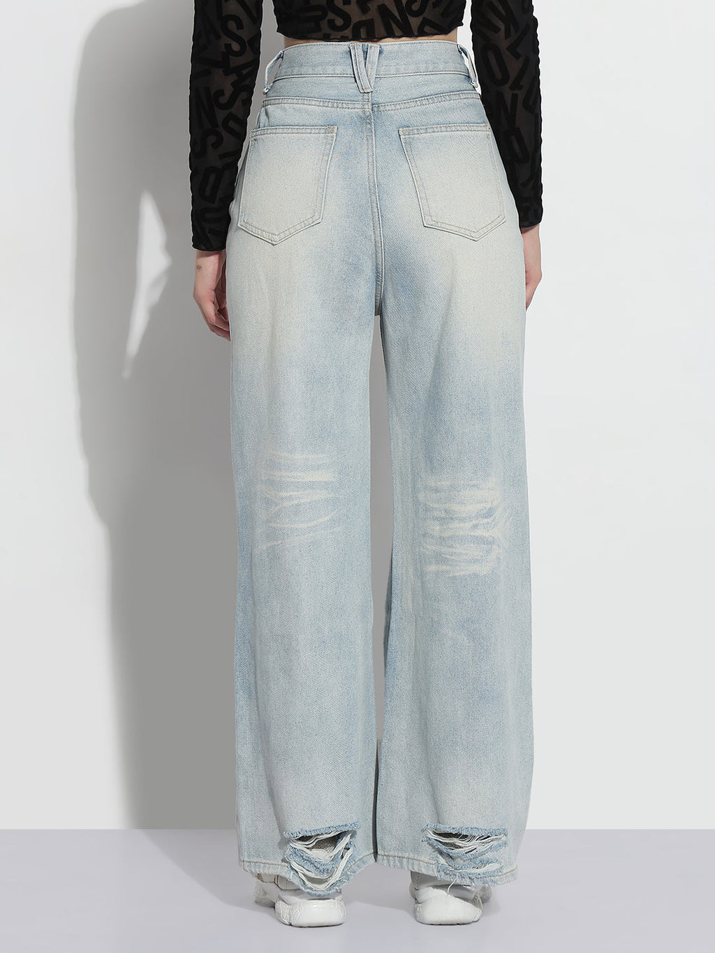 Women's Blue Distressed High Rise Wide Leg Jeans