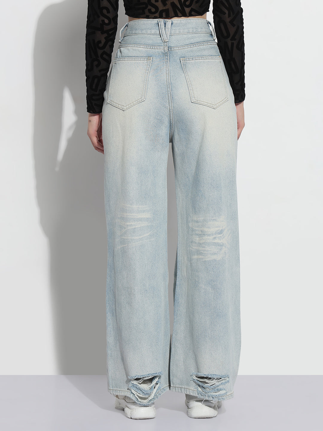 Women's Blue Distressed High Rise Wide Leg Jeans