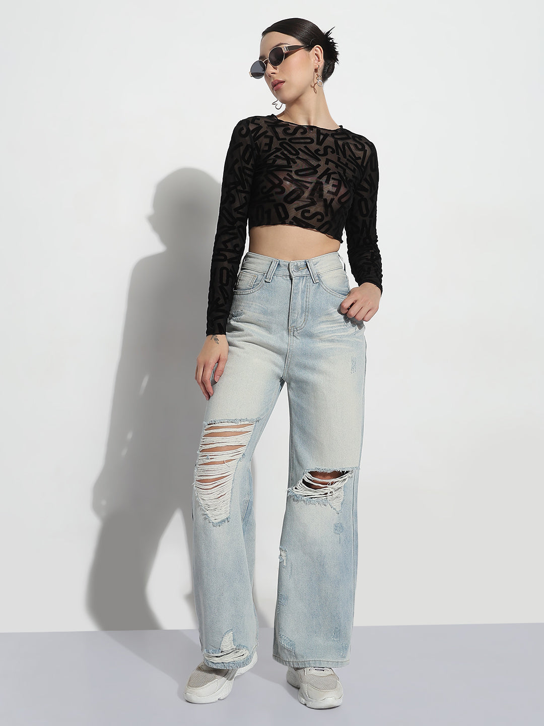 Women's Blue Distressed High Rise Wide Leg Jeans