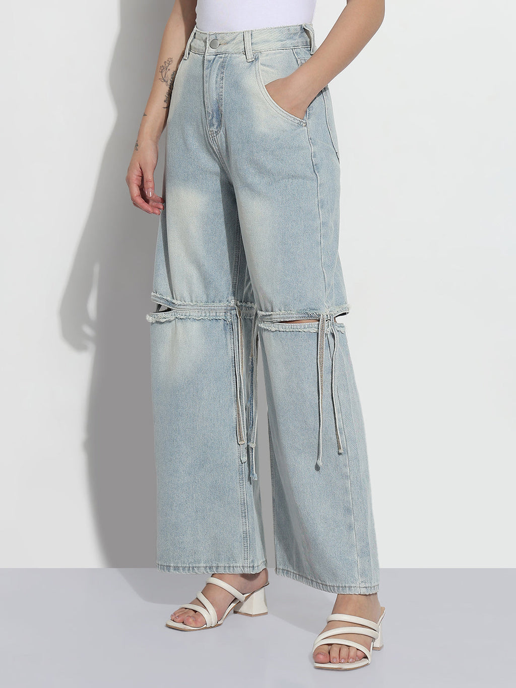Women's Blue High Rise Distressed Wide Leg Jeans with Tie-up Detail