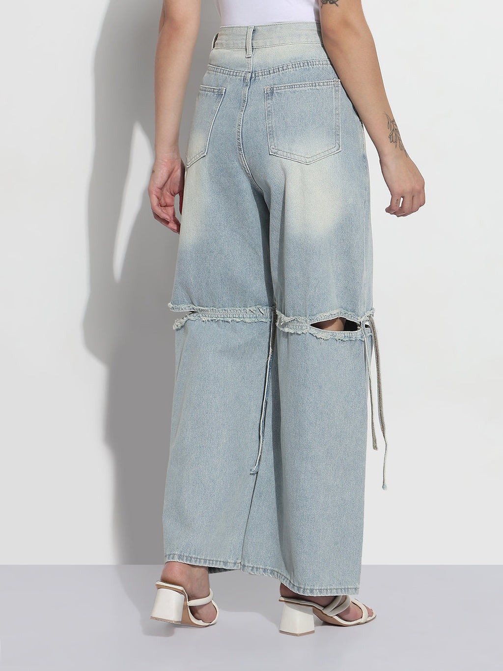 Women's Blue High Rise Distressed Wide Leg Jeans with Tie-up Detail