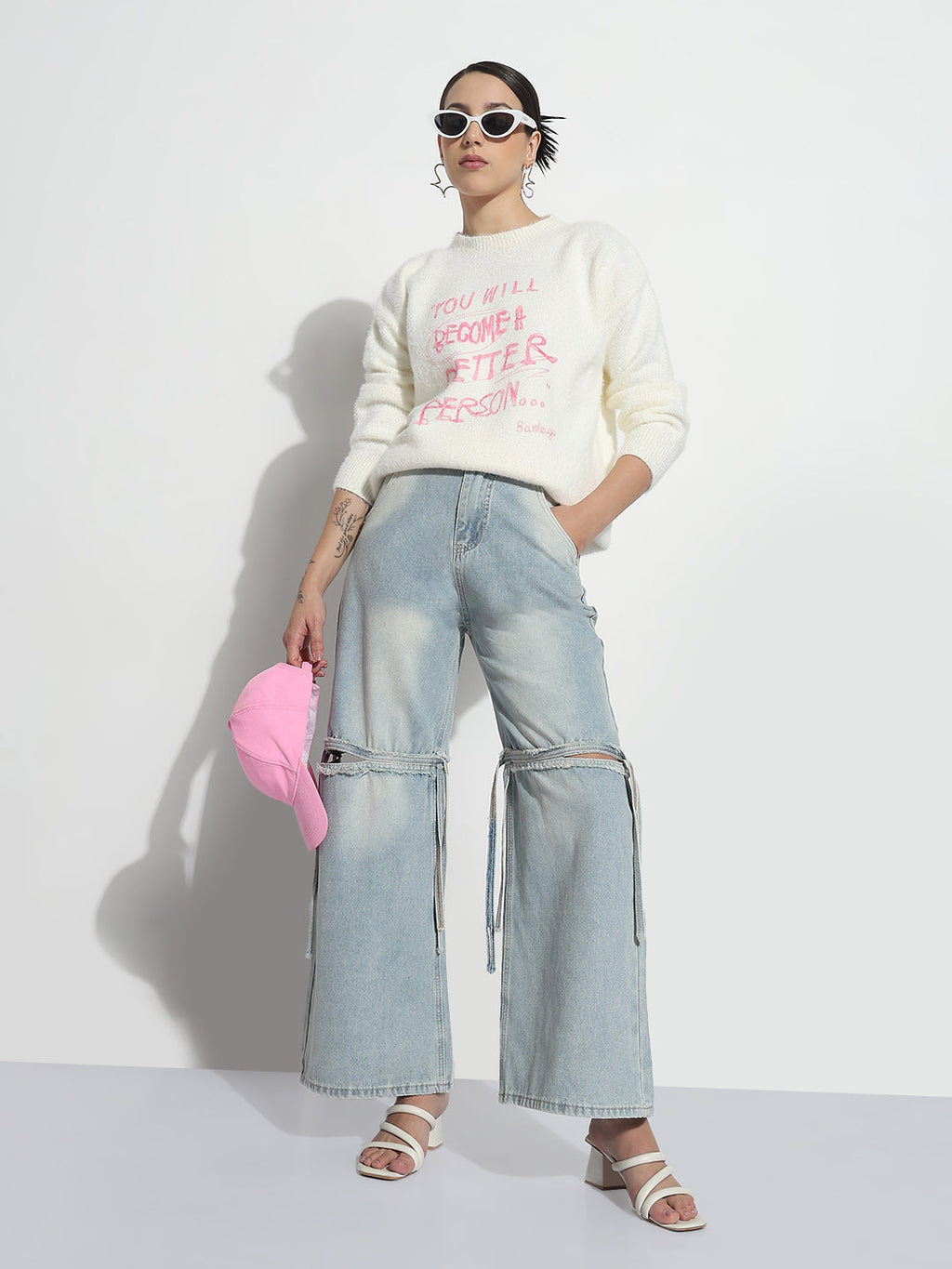 Women's Blue High Rise Distressed Wide Leg Jeans with Tie-up Detail