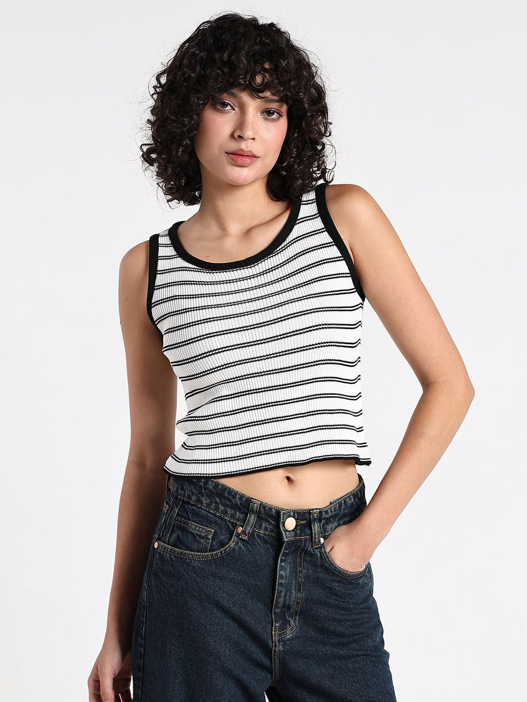 Women's Ribbed White  Striped Tank Top
