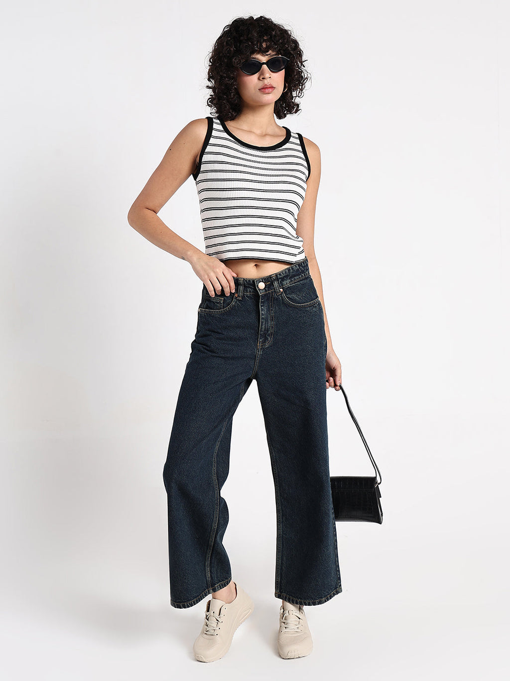 Women's Ribbed White  Striped Tank Top